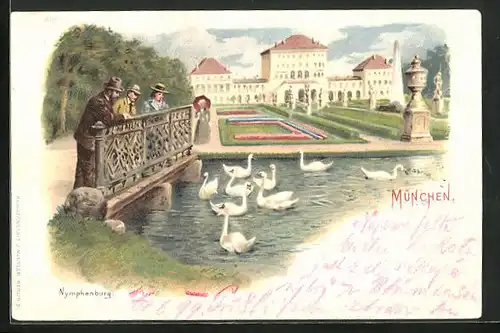 Lithographie München-Nymphenburg, Schloss Nymphenburg mit Schlossgarten