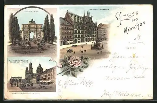 Vorläufer-Lithographie München, 1895, Siegesthor, Feldherrenhalle, Theatiner Kirche, Rathaus und Mariensäule