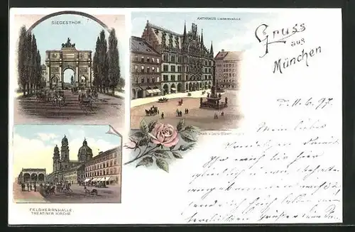 Lithographie München, Siegesthor, Feldherrenhalle, Rathaus und Marienkirche