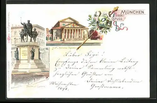 Lithographie München, Denkmal Ludwig I., Hof und Nationaltheater