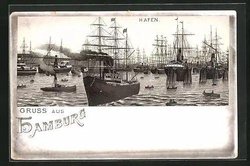 Lithographie Hamburg, Reger Verkehr im Hafen