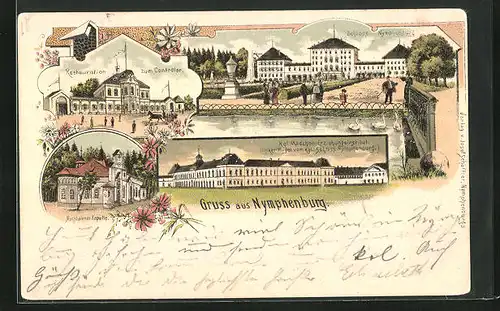 Lithographie München-Nymphenburg, Restaurant zum Controlor, Schloss Nymphenburg, Kgl. Mädchen-Erziehungsinstitut