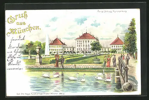 Lithographie München-Nymphenburg, Königliches Schloss Nymphenburg