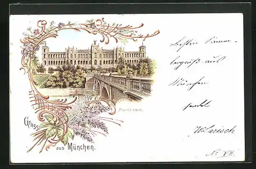 Lithographie München, Brücke zum Maximilaneum