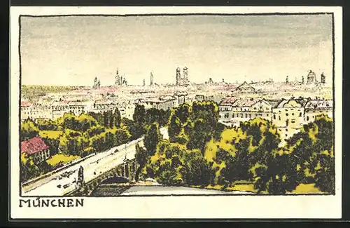 Steindruck-AK München, Totalansicht der Stadt