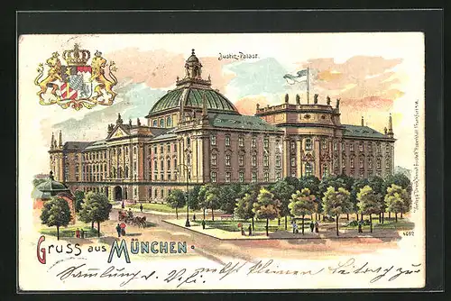 Lithographie München, Justiz-Palast, Wappen