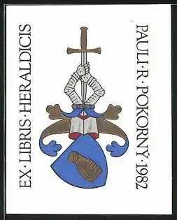 Exlibris Pauli R. Pokorny, 1982, Wappen mit Ritterhelm & Schwert