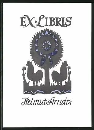 Exlibris von Helmut Arnst für Helmut Arndt, Silhouette Baum & Vögel