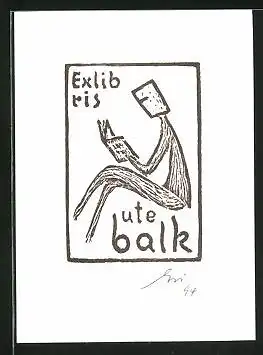 Exlibris Ute Balk, Figur mit Maske liest ein Buch