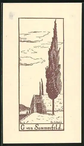 Exlibris G. von Sommerfeld, Baum vor Gebäudeeingang