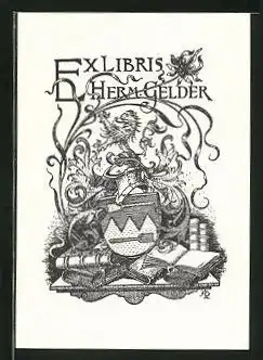 Exlibris Herm. Gelder, Wappen mit Ritterhelm & Löwe auf Büchern liegend