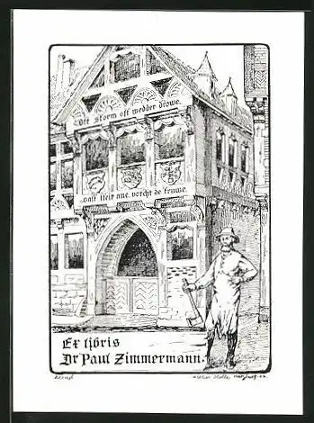 Exlibris Dr. Paul Zimmmermann, Zimmermann mit Axt vor Gebäude stehen