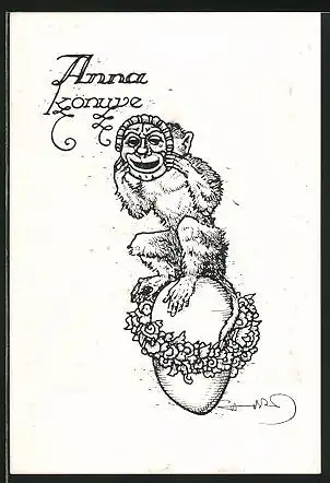 Exlibris Anna, Affe mit Maske auf Ei sitzend