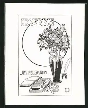 Exlibris Ida Felsmann, Blumenvase voller Rosen, offenes Buch