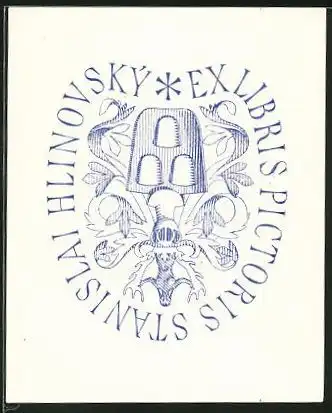 Exlibris Pictoris Stanislai Hlinovsky, Wappen mit Ritterhelm & Frauenakt