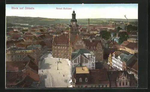 AK Döbeln i. Sa., Teilansicht mit Neues Rathaus aus der Vogelschau