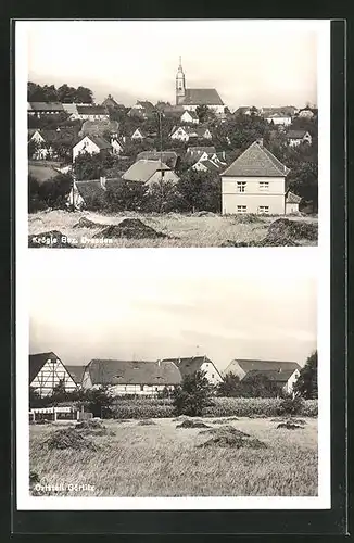 AK Krögis, Teilansicht mit Kirche, Bauernhäuser im Ortsteil Görlitz