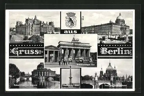AK Berlin, Kaiser Friedrich-Museum, Reichstagsgebäude, Brandenburger Tor