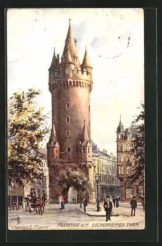 Künstler-AK Charles F. Flower: Frankfurt, Passanten vor dem Eschenheimer Turm
