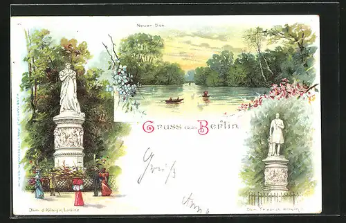 Lithographie Berlin-Tiergarten, Neuer See, Denkmal d. Königin Louise, Denkmal Friedrich Wilhelm III.