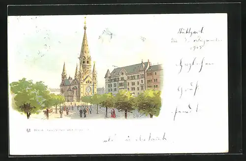 Lithographie Berlin-Charlottenburg, Blick auf die Kaiser Wilhelm Gedächtnis-Kirche