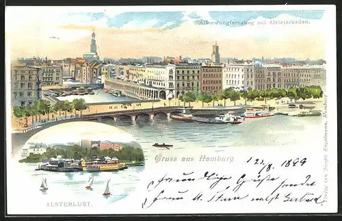 Lithographie Hamburg, Alsterlust, Alter Jungfernstieg mit Alsterarkaden
