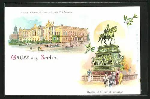 Lithographie Berlin, Palais Kaiser Wilhelm I., Denkmal Friedrich d. Grossen