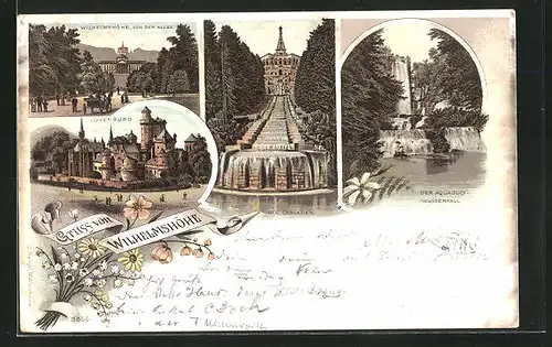 Lithographie Kassel, Löwenburg, Wilhelmshöhe, Cascaden