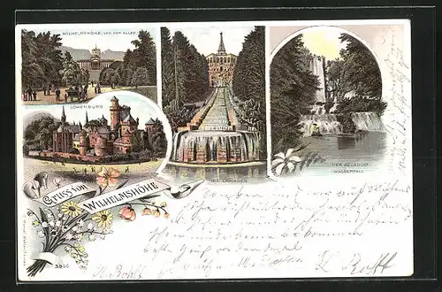 Lithographie Kassel, Löwenburg, Wilhelmshöhe, Cascaden