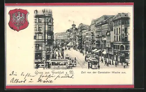 Präge-AK Frankfurt, Zeil von der Constabler Wache gesehen, Strassenbahnen