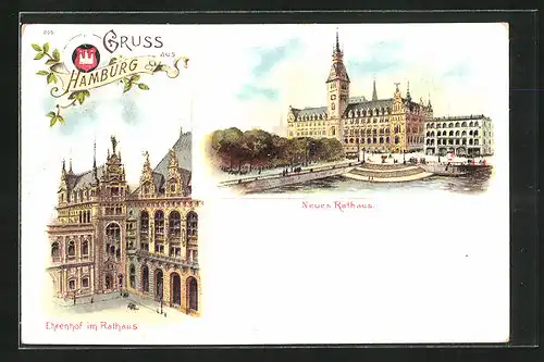 Lithographie Hamburg, neues Rathaus, Ehrenhof im Rathaus