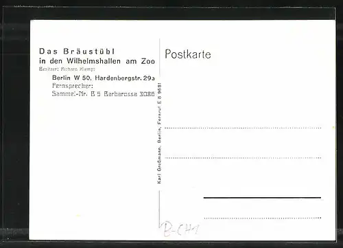 AK Berlin-Charlottenburg, Restaurant Bräustübl in der Hardenbergstr. 29a, Innenansicht vom Restaurant