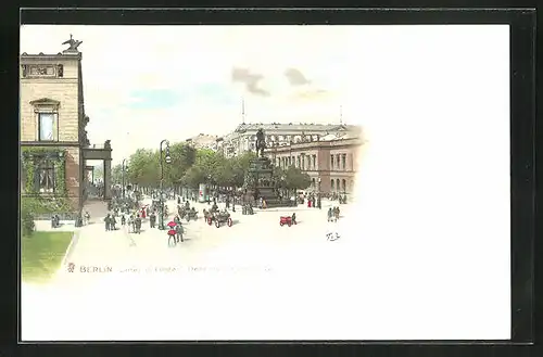 Lithographie Berlin, Unter den Linden mit Denkmal von Friedrich der Grosse