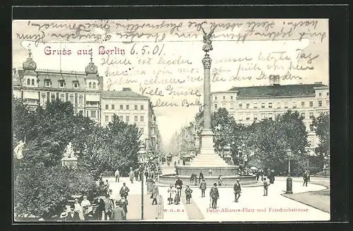 AK Berlin-Kreuzberg, Belle-Alliance-Platz mit Friedrichstrasse, Denkmal