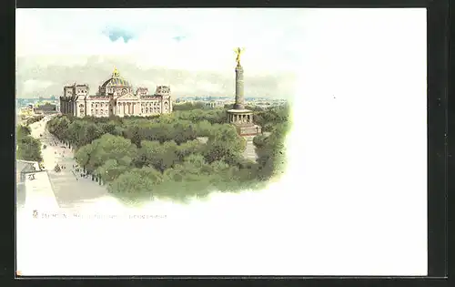 AK Berlin-Tiergarten, Reichstagsgebäude mit Siegessäule aus der Vogelschau