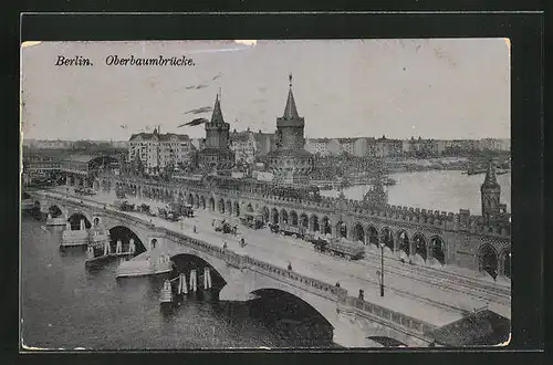 AK Berlin-Friedrichshain, Oderbaumbrücke mit Pferdekutsche aus der Vogelschau