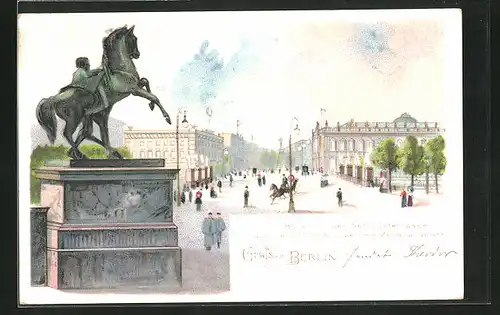 Lithographie Berlin, Blick von der Schlossterrasse auf die Schlossbrücke und Zeughausplatz