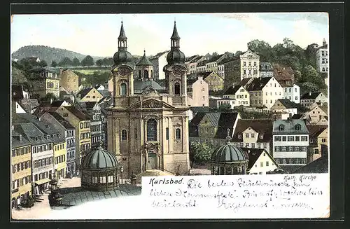 AK Karlsbad, Kath. Kirche mit Stadtansicht