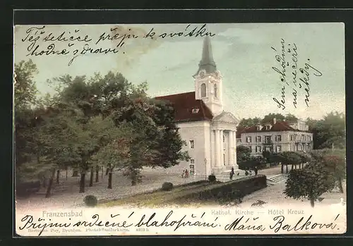 AK Franzensbad, Hotel Kreuz mit kathol. Kirche