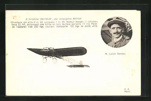 AK L`Aviateur Deneau sur monoplan Blériot, Flugzeug
