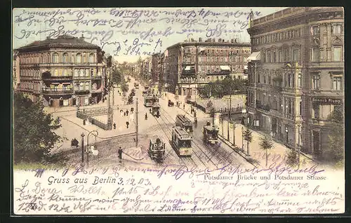 AK Berlin-Tiergarten, Potsdamer Brücke und Potsdamer Strasse mit Strassenbahn