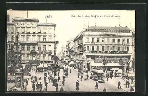 AK Berlin, Unter den Linden, Blick in die Friedrichstrasse, Victoria Café