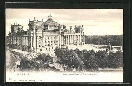 AK Berlin-Tiergarten, Reichstagsgebäude mit Bismarckdenkmal