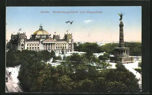 AK Berlin-Tiergarten, Siegessäule, Blick zum Reichstagsgebäude