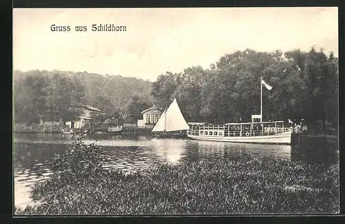 AK Berlin-Grunewald, Partie am Schildhorn, Dampfer auf dem See