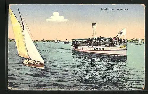 AK Berlin-Wannsee, Dampfer und Segelboote auf dem Wannsee