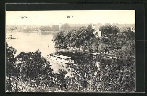 AK Berlin-Treptow, Abtei Treptow aus der Vogelschau, Dampfer auf dem See