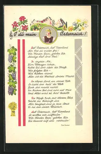 AK O du mein Österreich!, Liedtext, Frauenportrait, Gebirgspanorama