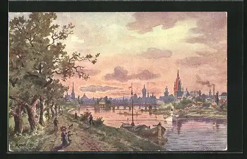 Künstler-AK Frankfurt, Stadt in Abendstimmung