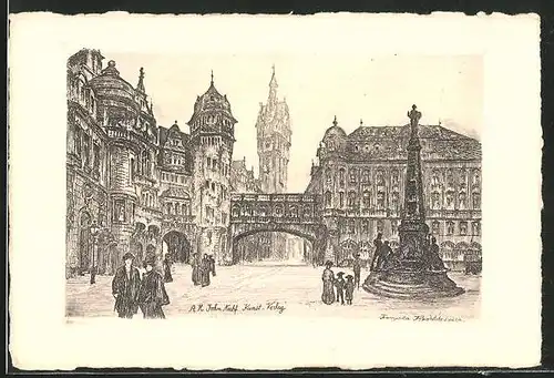 Künstler-AK Alt-Frankfurt, Teilansicht mit Passanten